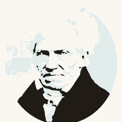 Gezeichnetes Porträt von Arthur Schopenhauer im Alter, mit weißem, seitlich abstehendem Haar und strengem Blick